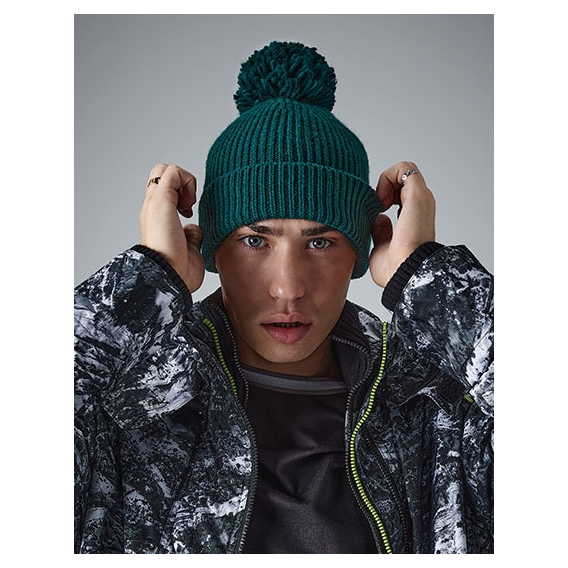Engineered Knit Ribbed Pom Pom Beanie