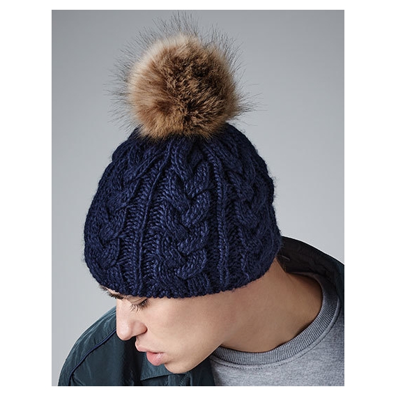 Faux Fur Pop Pom Cable Beanie