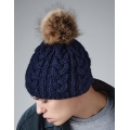 Faux Fur Pop Pom Cable Beanie
