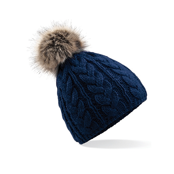 Faux Fur Pop Pom Cable Beanie