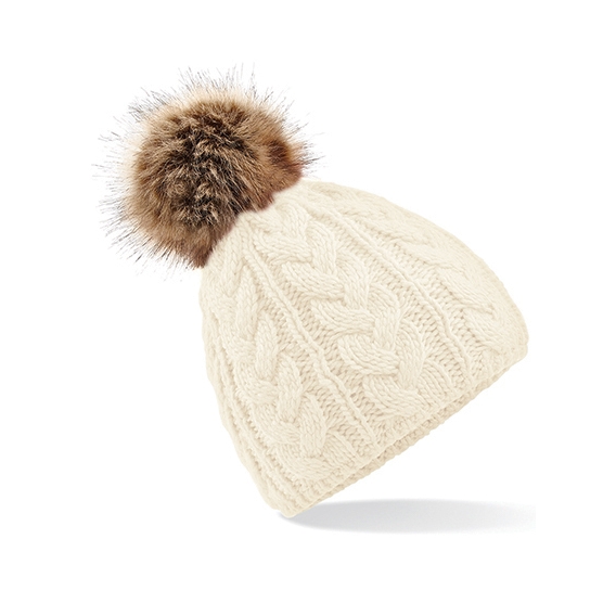Faux Fur Pop Pom Cable Beanie