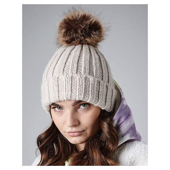 Faux Fur Pop Pom Chunky Beanie