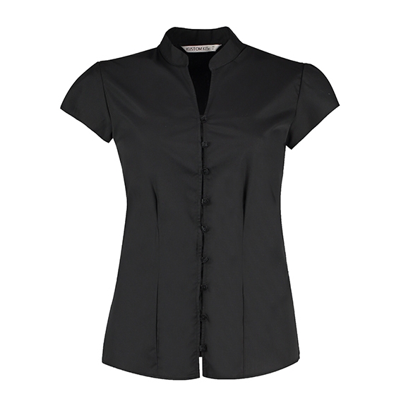 Tailored Fit Poplin Contintental Blouse Mandarin Collar Cap Sleeve