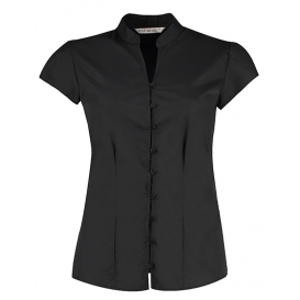 Tailored Fit Poplin Contintental Blouse Mandarin Collar Cap Sleeve