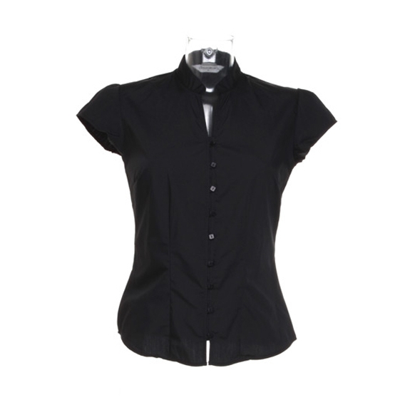 Tailored Fit Poplin Contintental Blouse Mandarin Collar Cap Sleeve