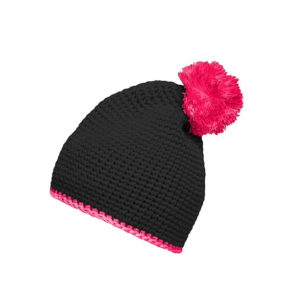 Pompon Hat with Contrast Stripe