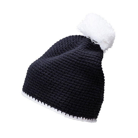 Pompon Hat with Contrast Stripe