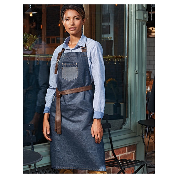 Division Waxed Look Denim Bib Apron With Faux Leather