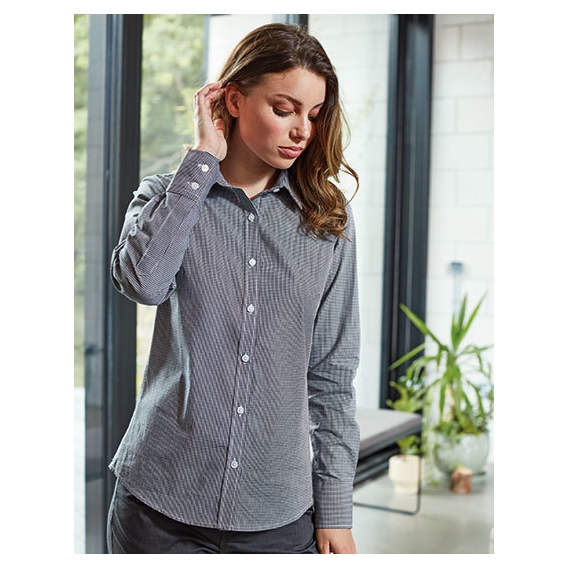 Ladies` Microcheck (Gingham) Long Sleeve Cotton Shirt