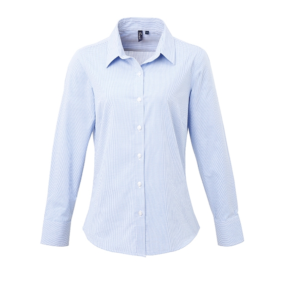 Ladies` Microcheck (Gingham) Long Sleeve Cotton Shirt