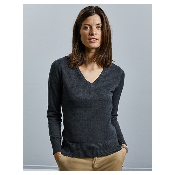 Ladies` V-Neck Knitted Pullover