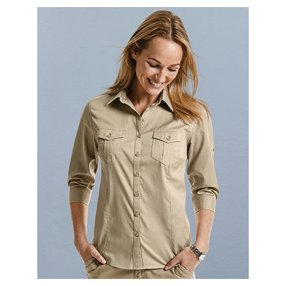 Ladies` Roll 3/4 Sleeve Fitted Twill Shirt