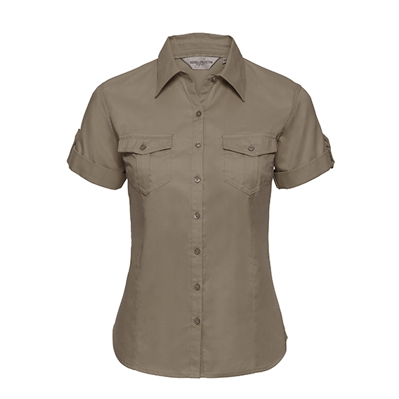 Ladies` Roll Short Sleeve Fitted Twill Shirt