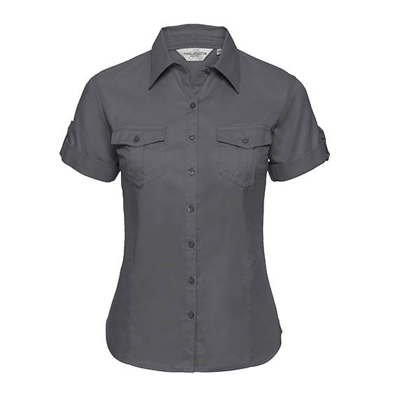 Ladies` Roll Short Sleeve Fitted Twill Shirt